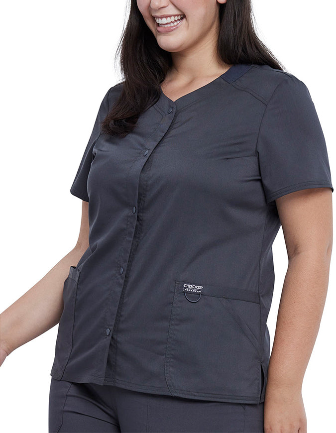 Cherokee Workwear Revolution Women's Snap Front V-Neck Top - Pewter