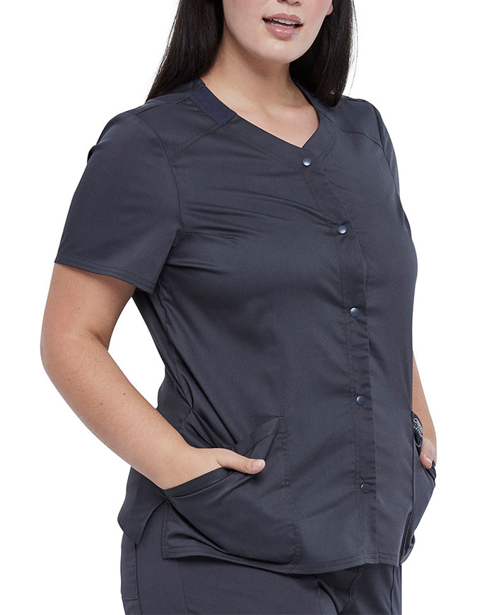 Cherokee Workwear Revolution Women's Snap Front V-Neck Top - Pewter