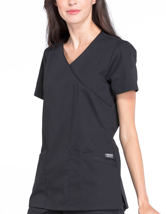 Cherokee Workwear Professionals Women's Mock Wrap Top Black