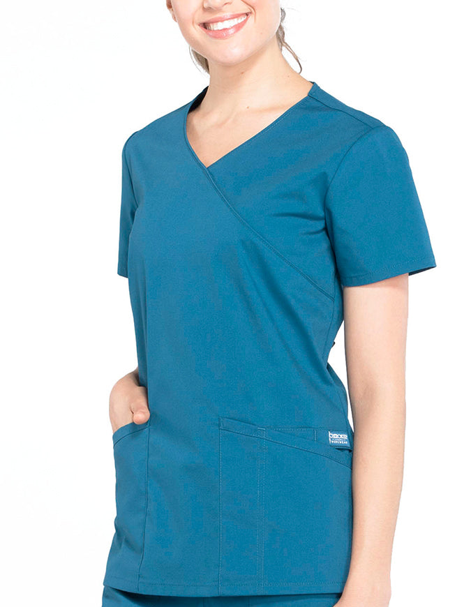 Cherokee Workwear Professionals Women's Mock Wrap Top Caribbean Blue