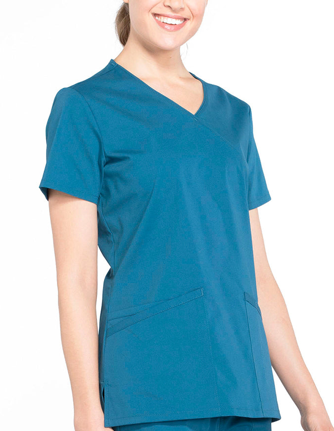 Cherokee Workwear Professionals Women's Mock Wrap Top Caribbean Blue