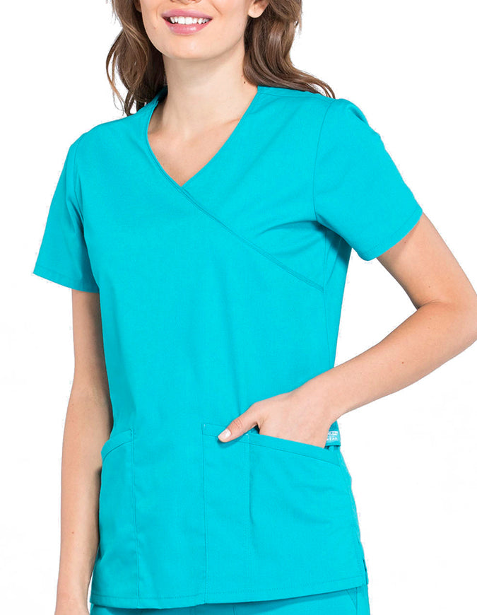 Cherokee Workwear Professionals Women's Mock Wrap Top Teal Blue