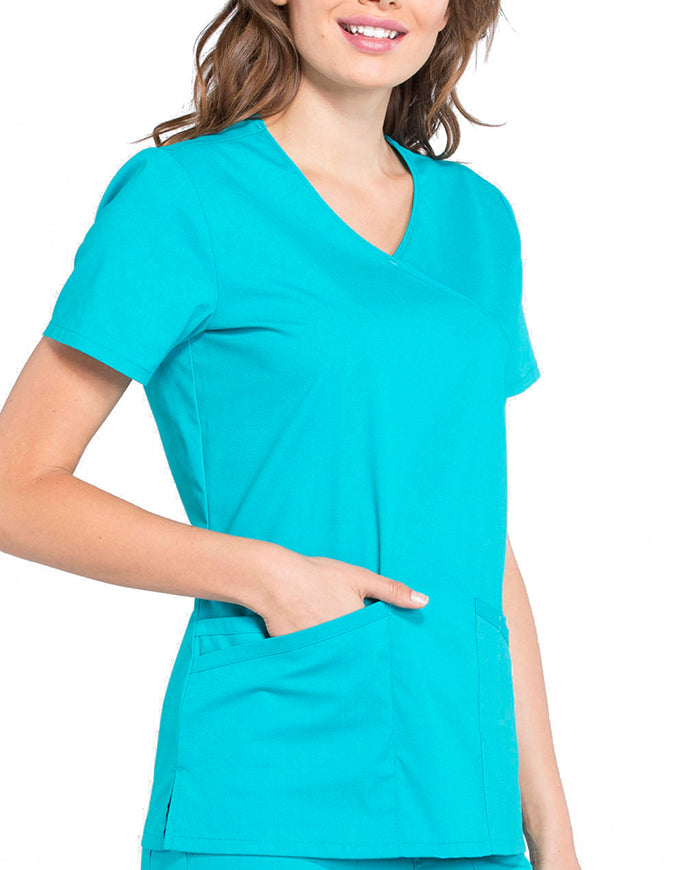 Cherokee Workwear Professionals Women's Mock Wrap Top Teal Blue