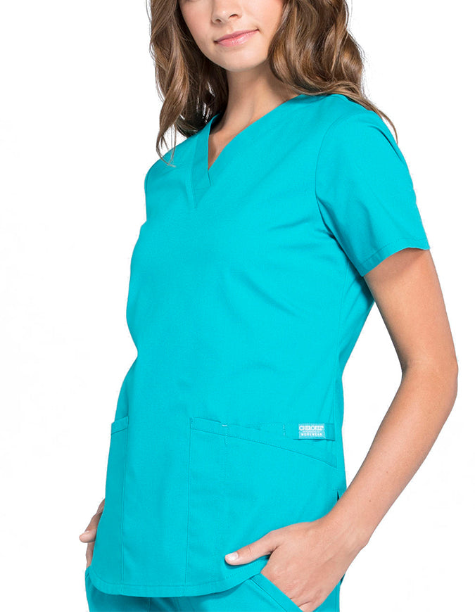 Cherokee Workwear Professionals V-neck Solid Top - Teal Blue