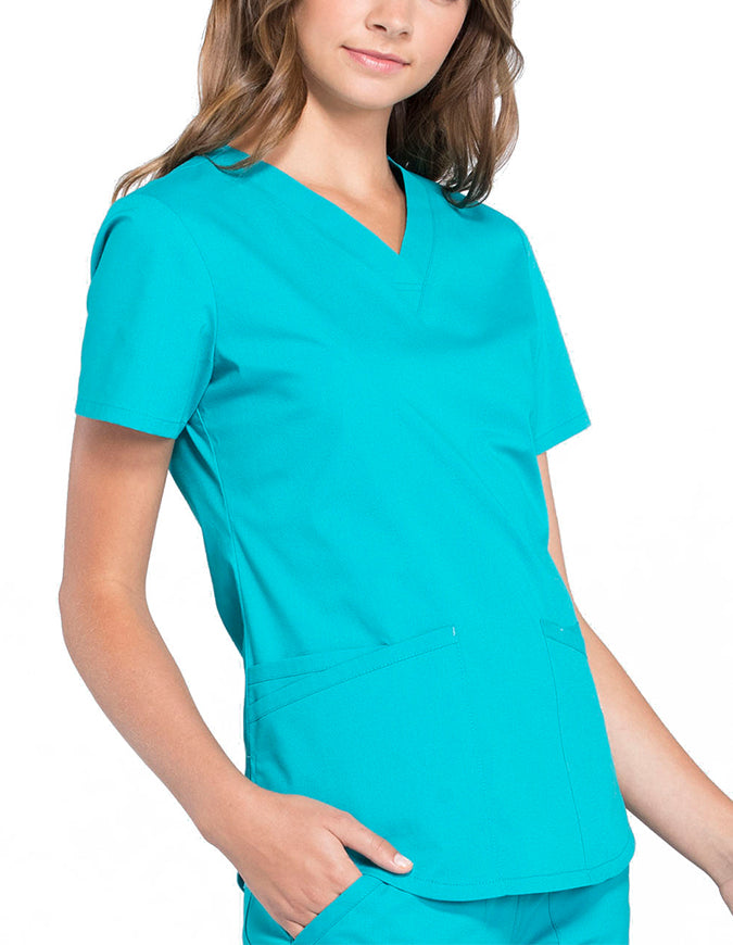 Cherokee Workwear Professionals V-neck Solid Top - Teal Blue