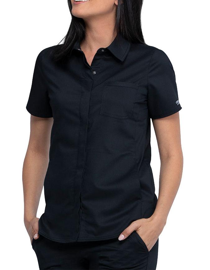 Cherokee Workwear Revolution Women's Hidden Snap Front Collar Shirt Black 