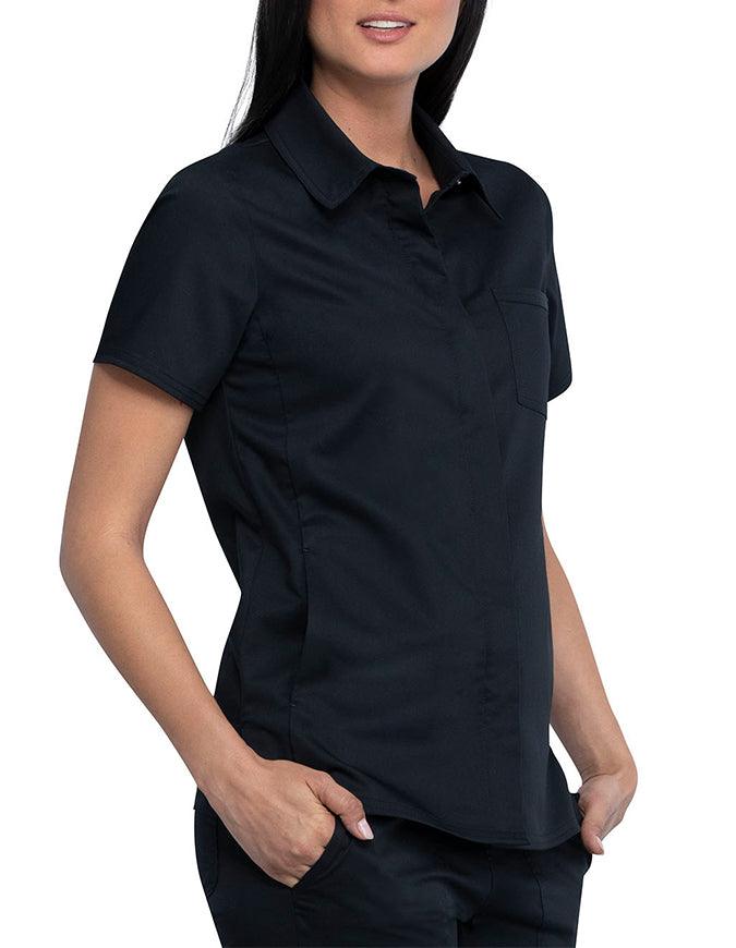 Cherokee Workwear Revolution Women's Hidden Snap Front Collar Shirt Black 