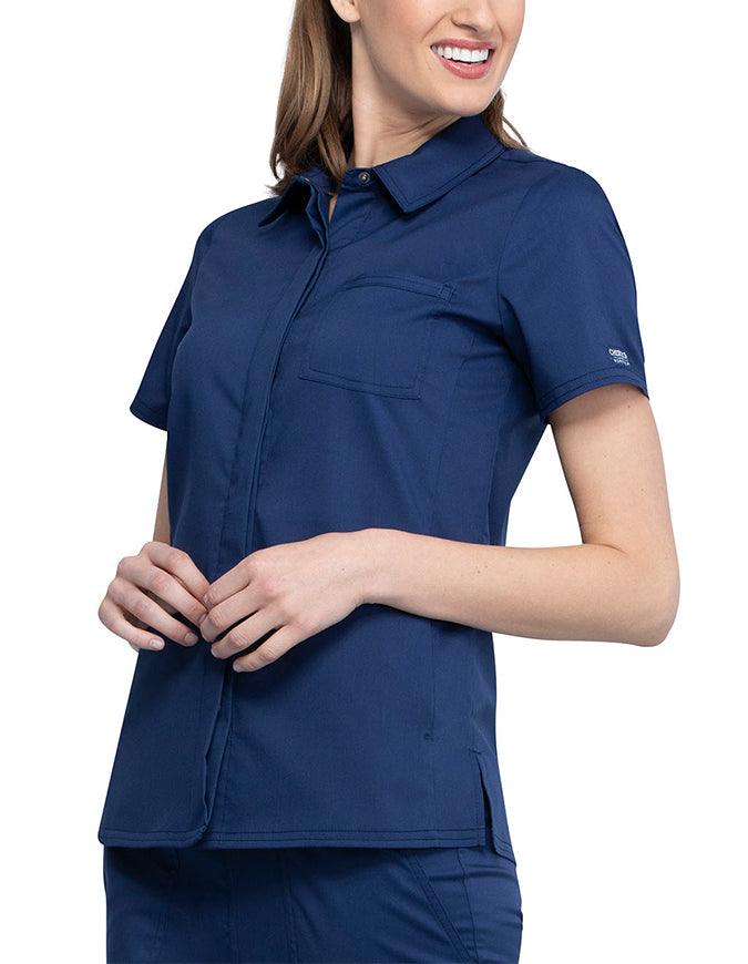 Cherokee Workwear Revolution Women's Hidden Snap Front Collar Shirt Navy