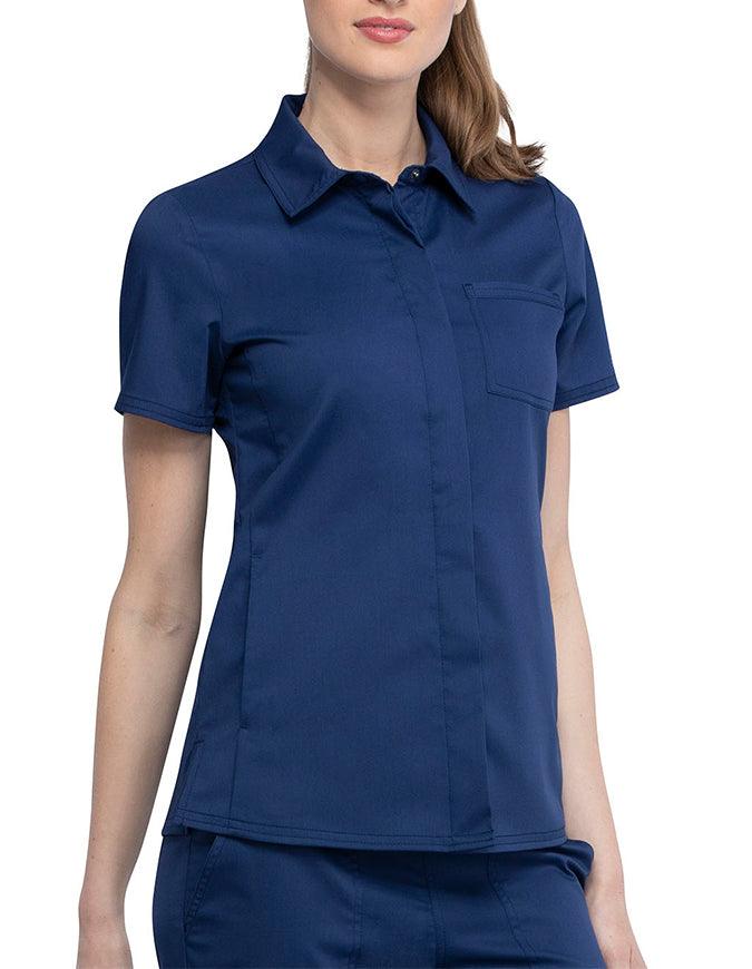 Cherokee Workwear Revolution Women's Hidden Snap Front Collar Shirt Navy