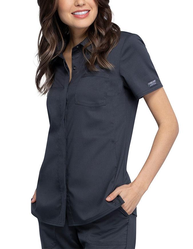 Cherokee Workwear Revolution Women's Hidden Snap Front Collar Shirt Pewter