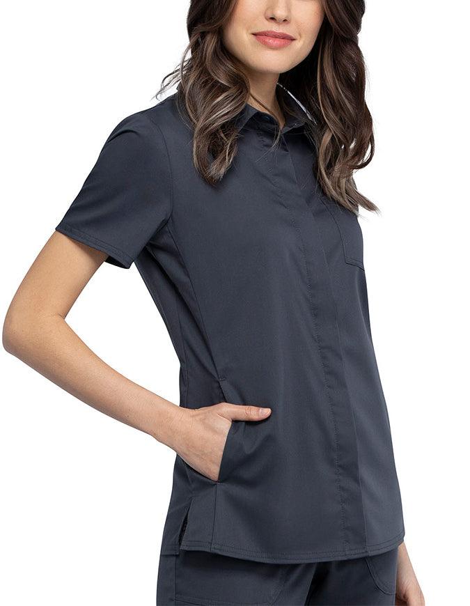 Cherokee Workwear Revolution Women's Hidden Snap Front Collar Shirt Pewter