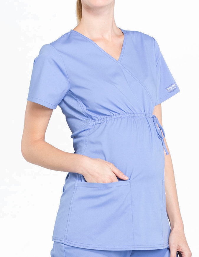 Cherokee Workwear Professionals Women's Maternity Mock Wrap Ciel Blue