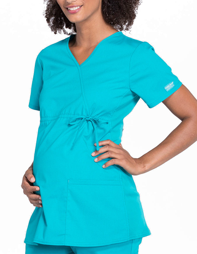 Cherokee Workwear Professionals Women's Maternity Mock Wrap Top Teal Blue