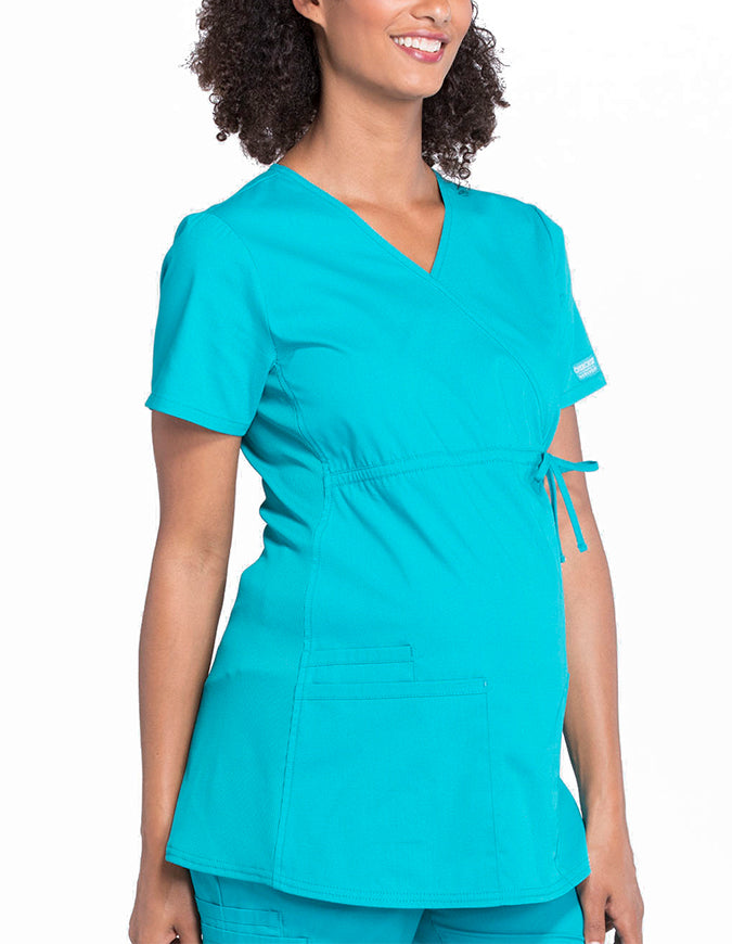 Cherokee Workwear Professionals Women's Maternity Mock Wrap Top Teal Blue