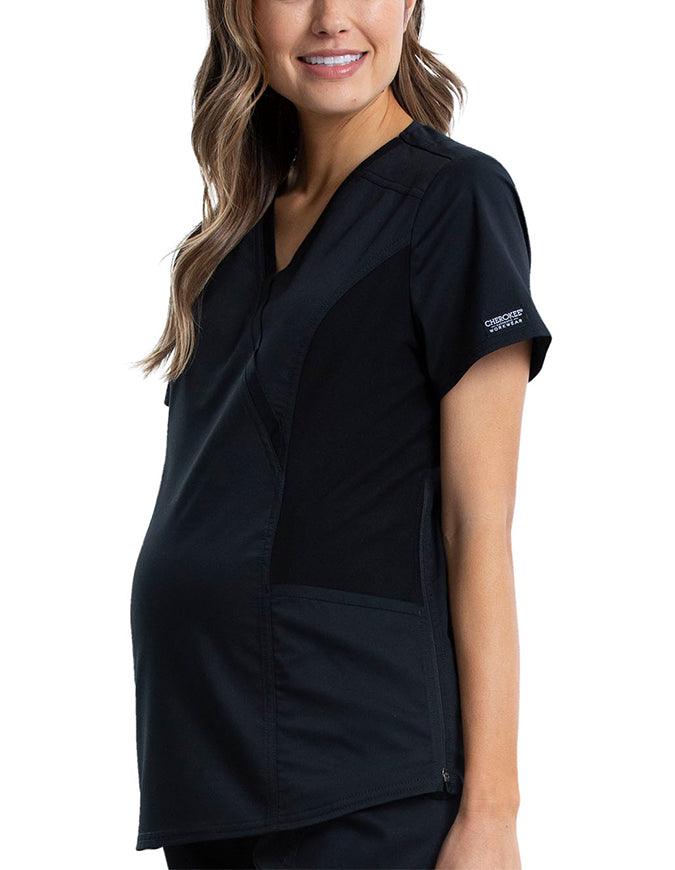 Cherokee Workwear Revolution Women's Maternity Mock Wrap Top Black