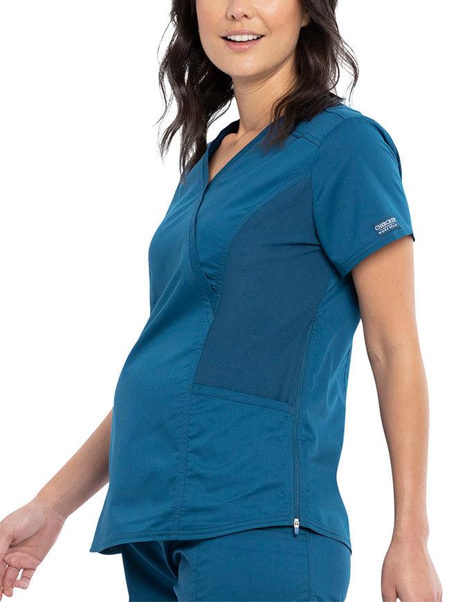 Cherokee Workwear Revolution Women's Maternity Mock Wrap Top Black