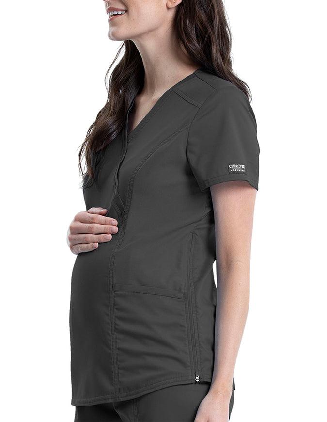 Cherokee Workwear Revolution Women's Maternity Mock Wrap Top pewter