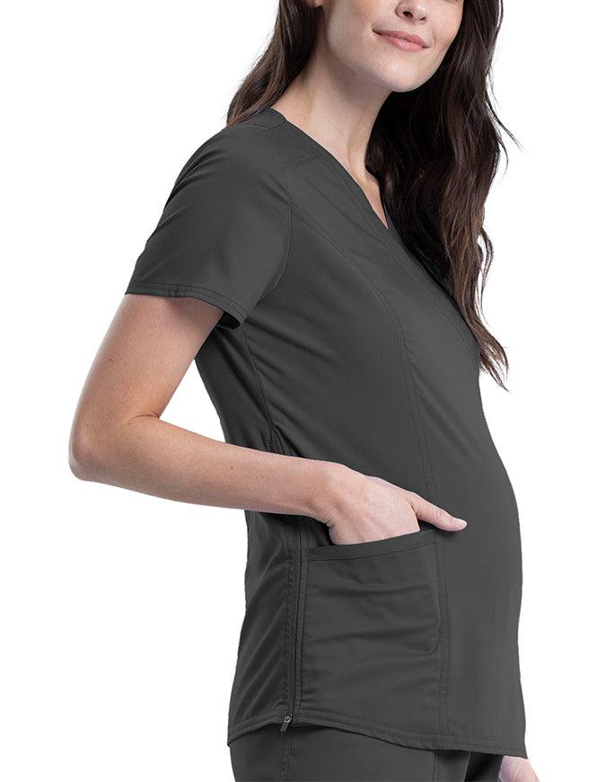 Cherokee Workwear Revolution Women's Maternity Mock Wrap Top pewter