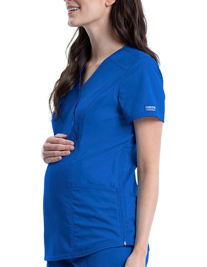 Cherokee Workwear Revolution Women's Maternity Mock Wrap Top Royal