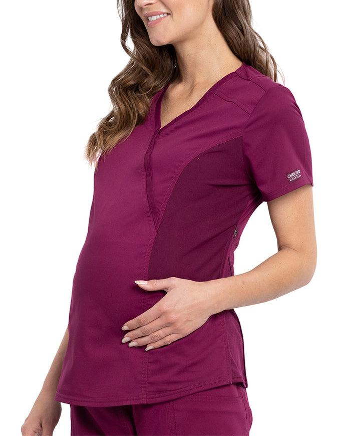 Cherokee Workwear Revolution Women's Maternity Mock Wrap Top Wine