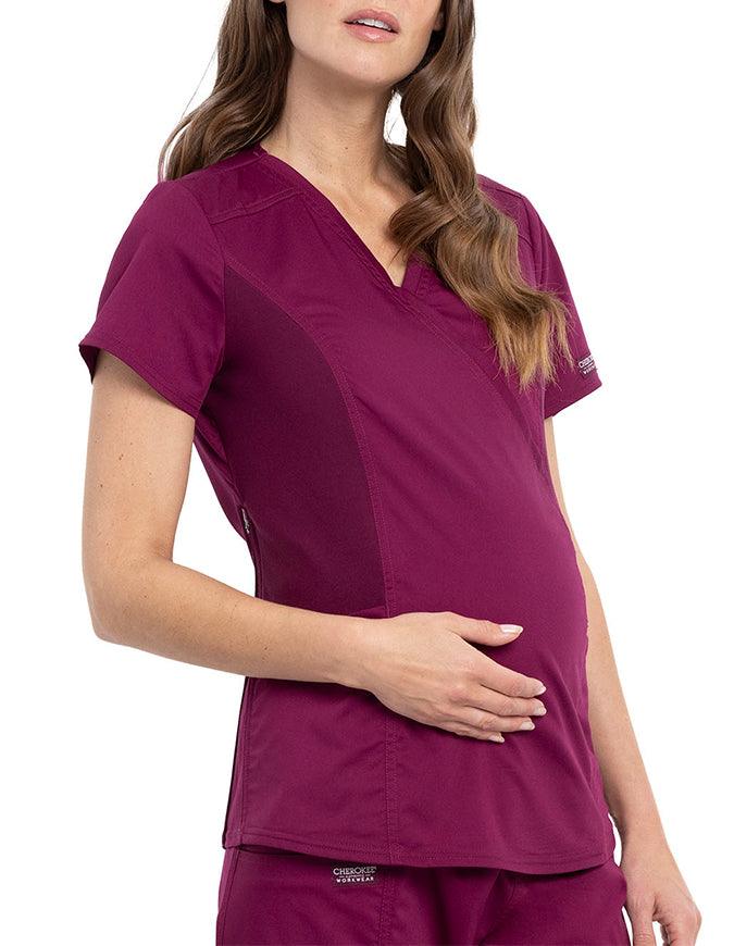 Cherokee Workwear Revolution Women's Maternity Mock Wrap Top Wine