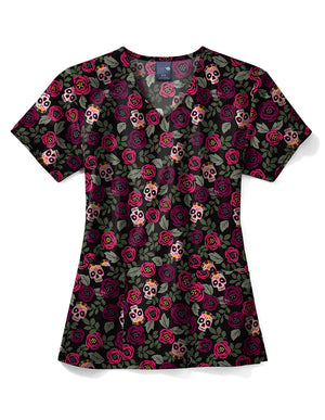 Zoe+Chloe Performance Women's V-Neck Print Scrub Top in Sugar Skull Roses