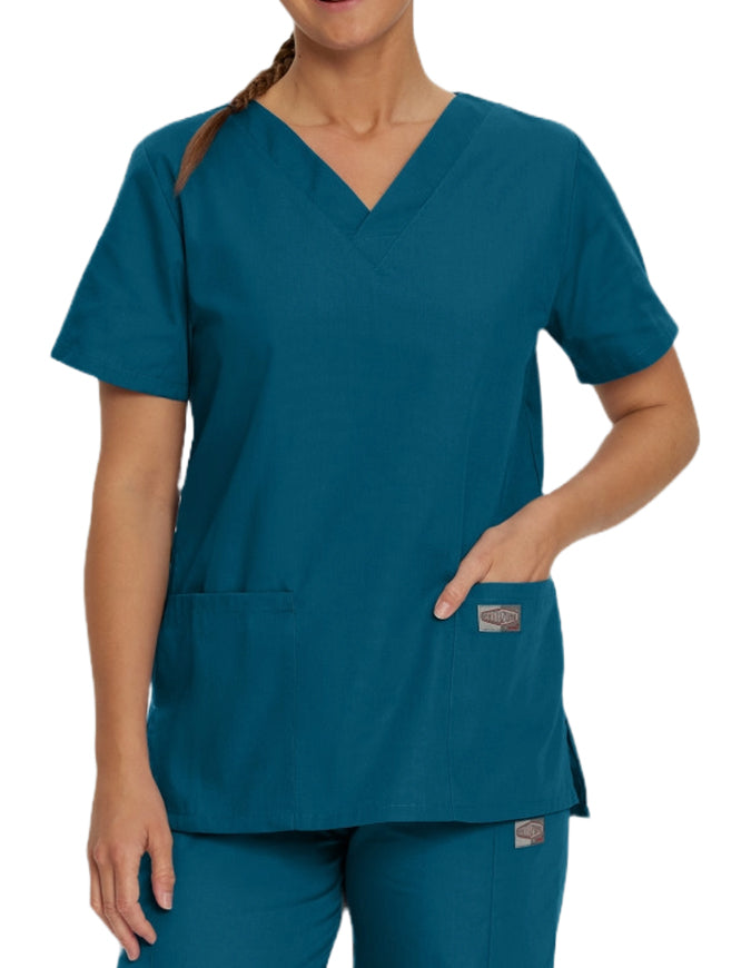 Landau ScrubZone Women's Double Pocket V-Neck Nursing Top - Caribbean Blue