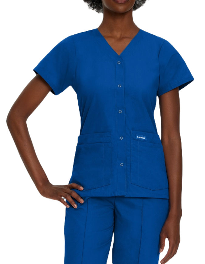 Landau Women's V-Neck Snap Front Solid Nurse Scrub Top - Galaxy Blue