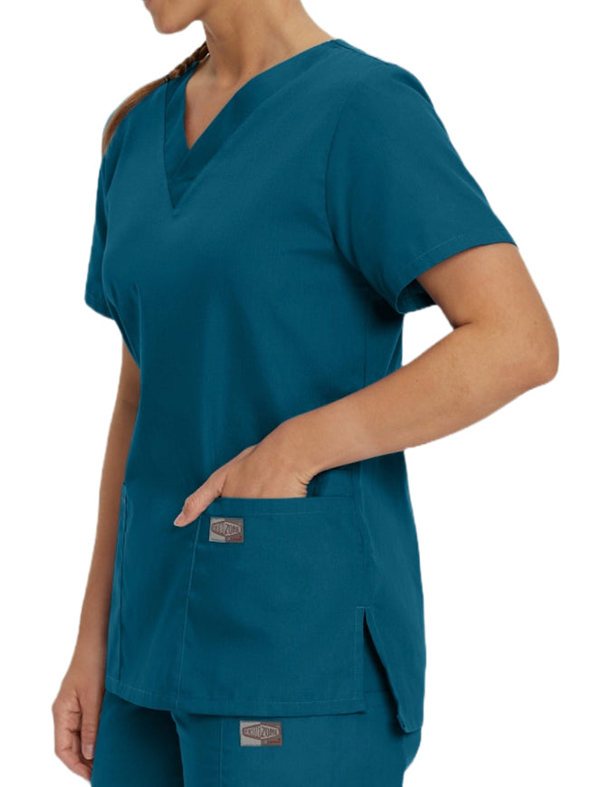 Landau ScrubZone Women's Double Pocket V-Neck Nursing Top - Caribbean Blue